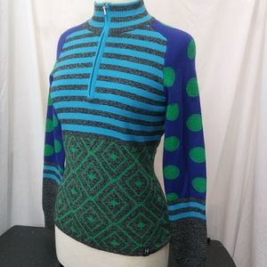 Striped and Patterned V-Neck Sweater in Blue and Green